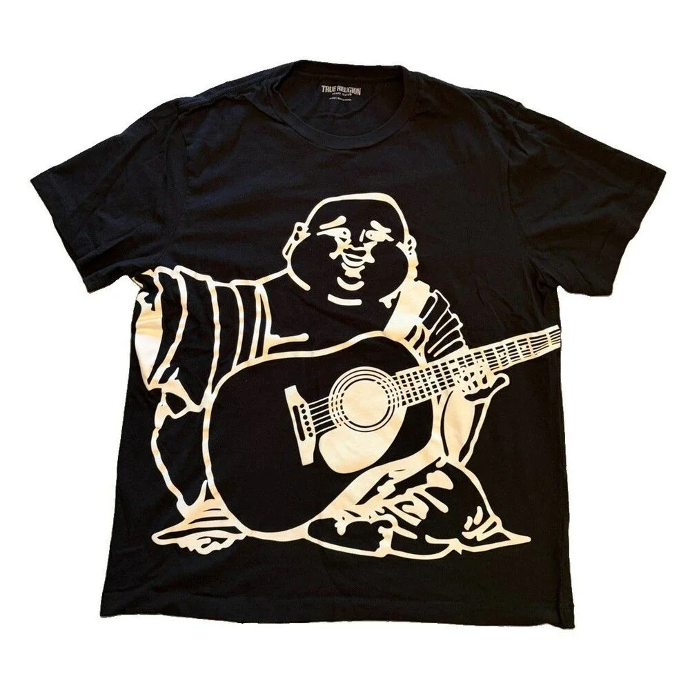 True Religion Mens XL Black T Shirt Oversize Buddha Guitar Graphic Crew